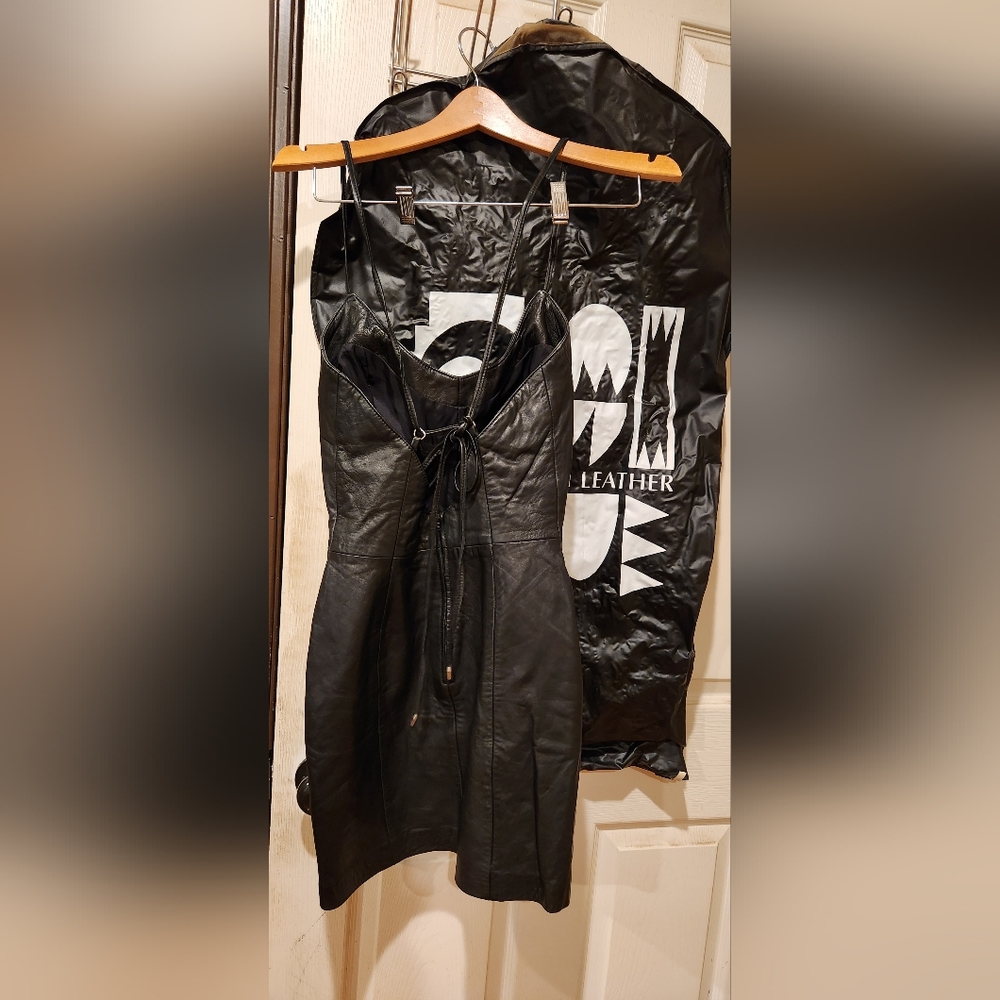 Skimpy black leather mini  dress, North Beach Leather size 3/4